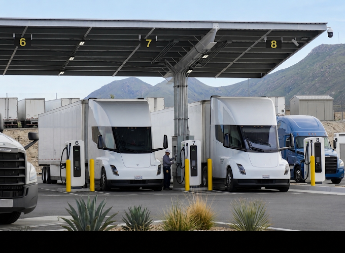 Tesla Semi electric trucks plugged in at numbered depot charging stalls under a solar canopy