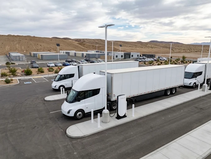 Aerial view of a California electric truck depot with multiple Tesla Semi trucks charging under canopy stations